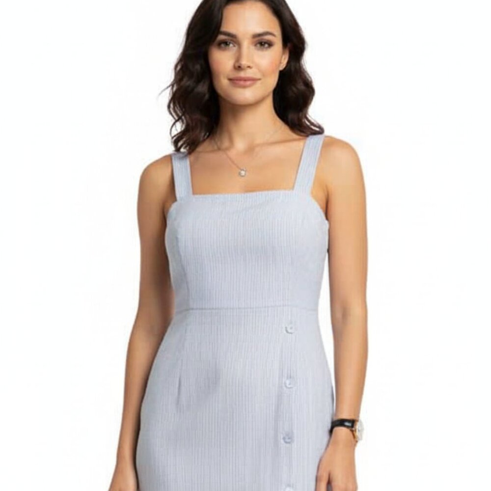 Tahari Coastal Gray Striped Career Midi Dress Sz 6 Linen Blend Elastic Side